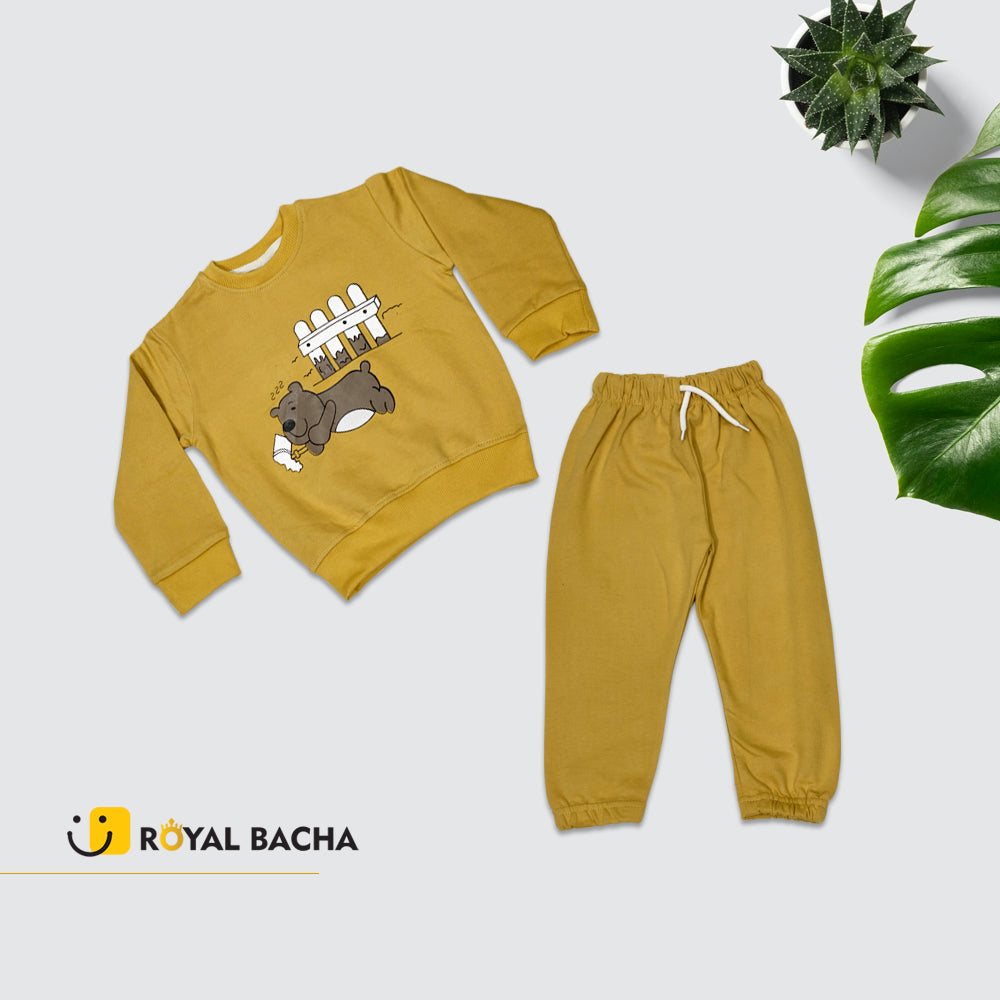 Cozy Mustard Bear Print Kids Sweatshirt & Trouser Set
